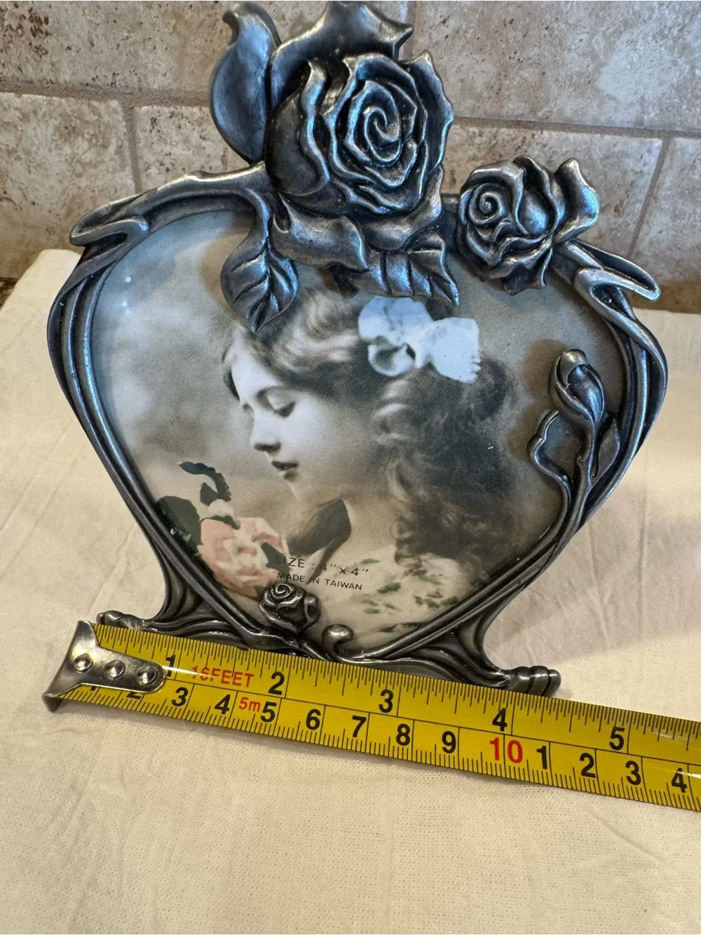 Vintage Heart Picture Frame Pewter Roses 4x4 Photo Made in Taiwan